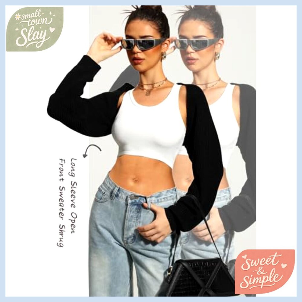 Cropped Knit Cardigan Long Sleeve Open Front Shrug Sweater - Picture 4 of 7